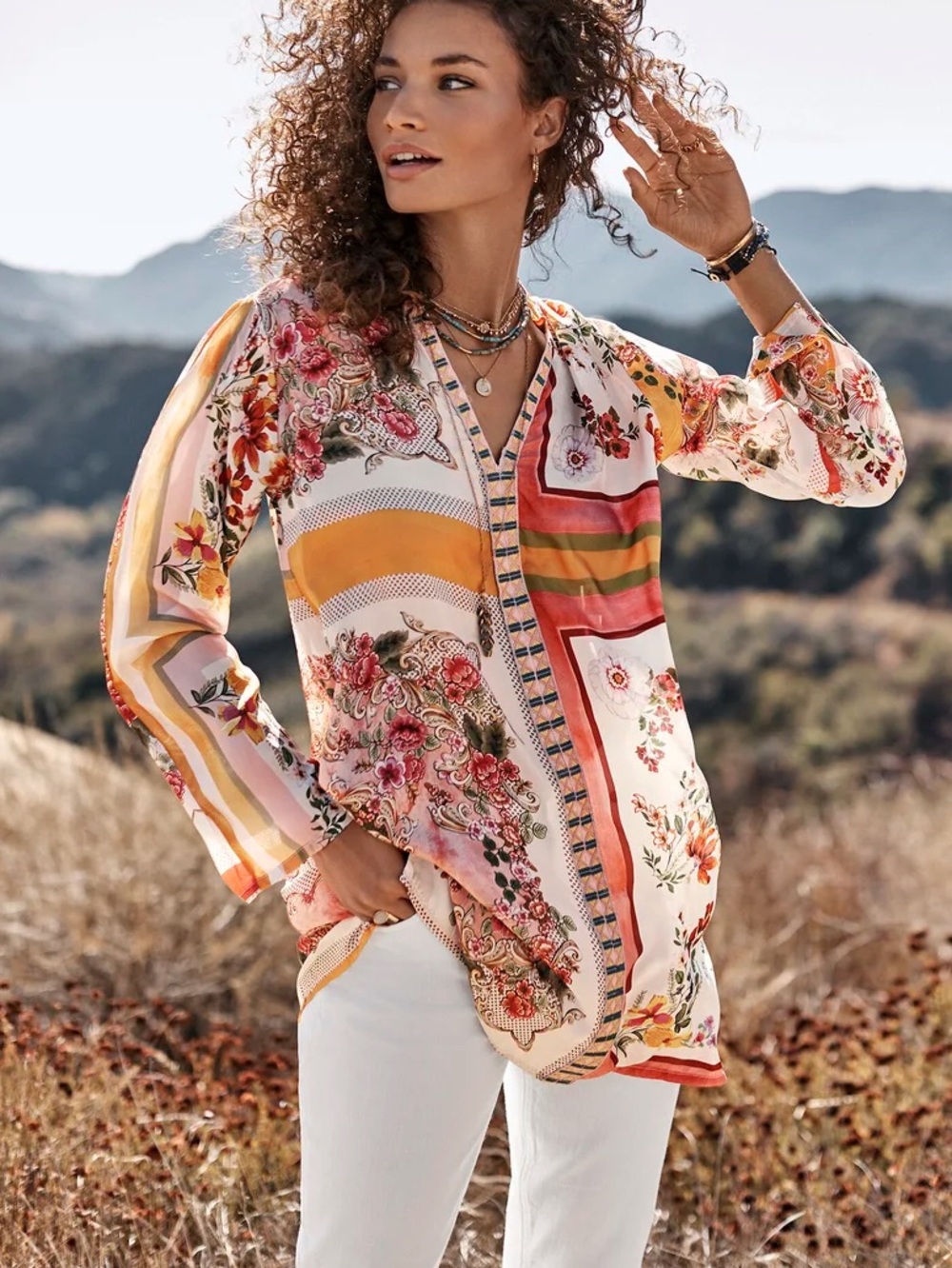 Johnny Was Rosemarie Tunic 100% Sílk Floral Boho V-neck Tunic Blouse Size XL